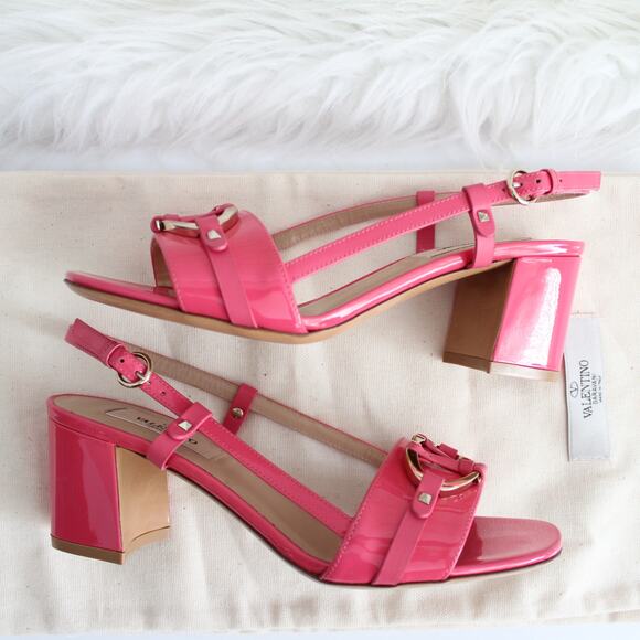 Valentino Hot Pink Patent Leather Silver V Logo Open Toe Kitten Heels - Picture 8 of 12